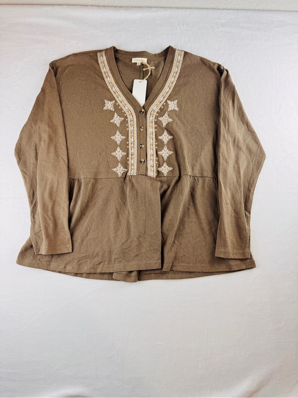 Boho Embroidered Henley Top NWT | Brown‎ Button Front Long Sleeve Blouse